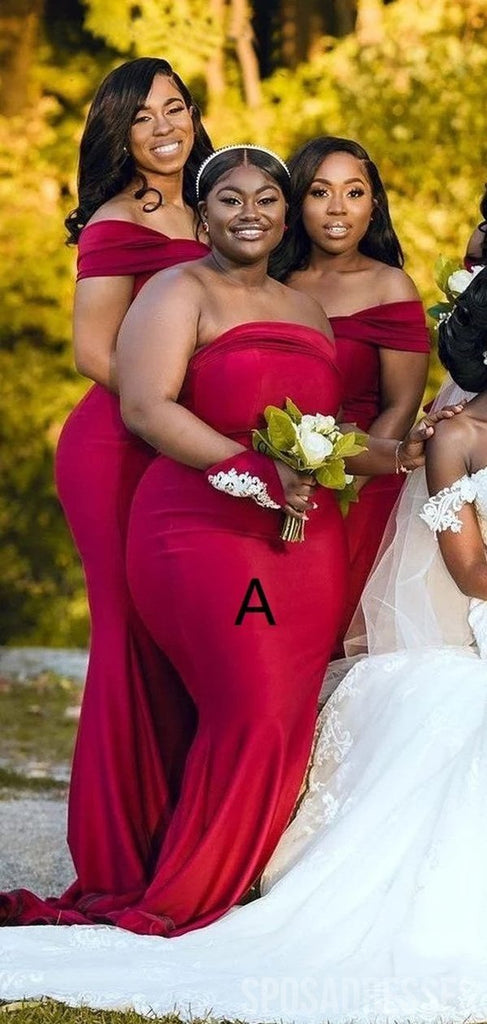 Sexy Mermaid Red Side Slit Off the Shoulder Long Maid of Honor Dresses Online, WG961