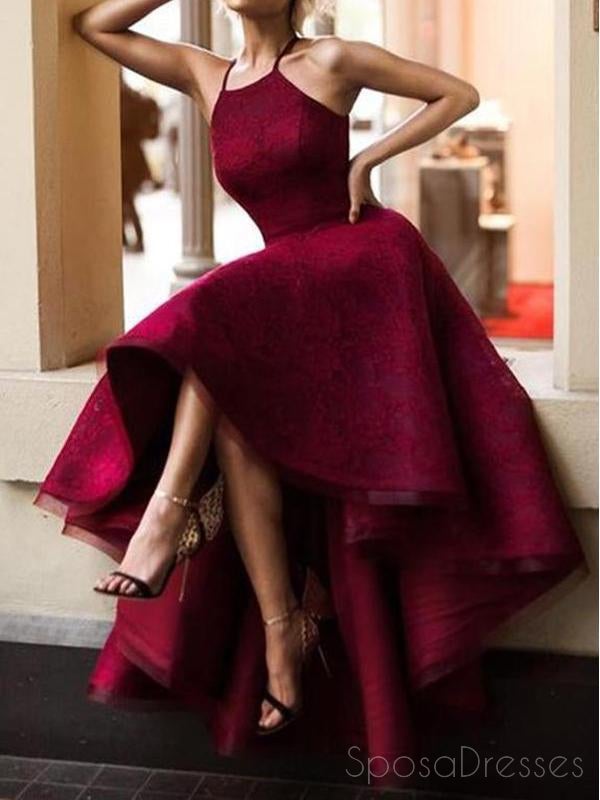 Sexy Fashion High Low Maroon Lace Halter Custom Cheap Evening Prom Dresses, 17386