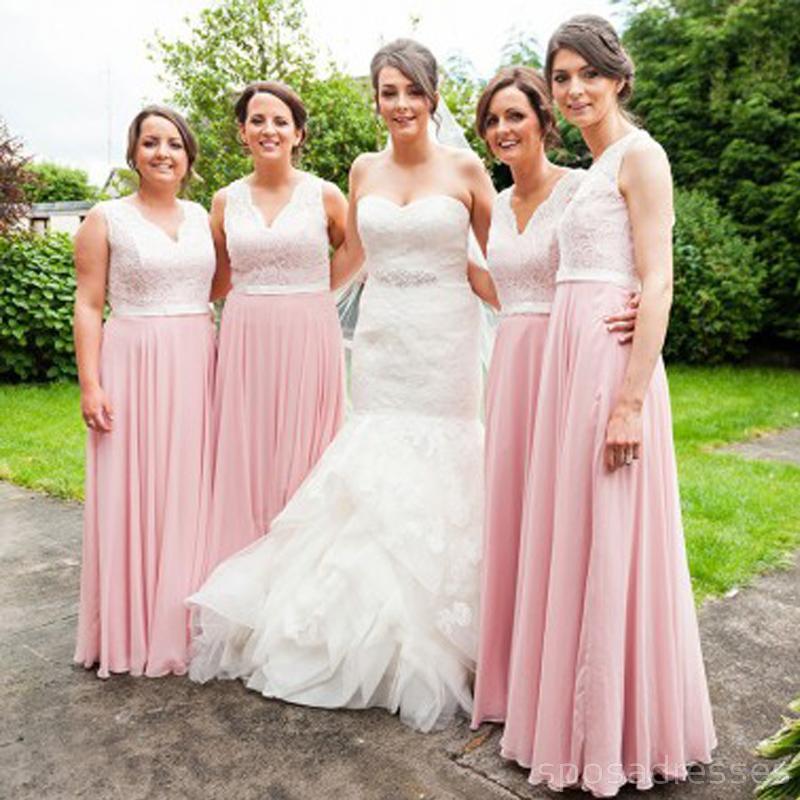 V Neck Lace Bodice Blush Pink Chiffon Cheap Long Bridesmaid Dresses Online, WG333