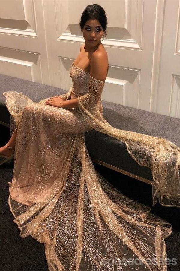 Sexy Mermaid Champagne Gold Long Sleeves Off Shoulder Prom Dresses Online,12586
