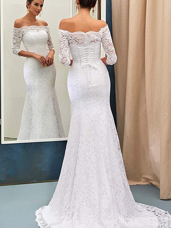 Half Sleeves Lace Mermaid Cheap Wedding Dresses, Cheap Wedding Gown, WD705
