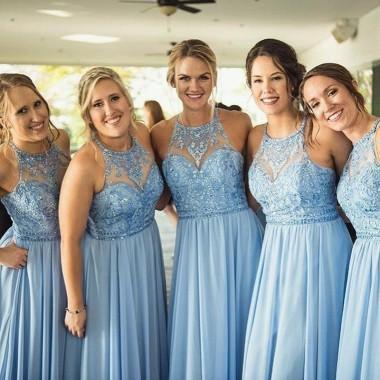 Blue Chiffon Halter Lace Beaded Cheap Long Bridesmaid Dresses Online, WG359