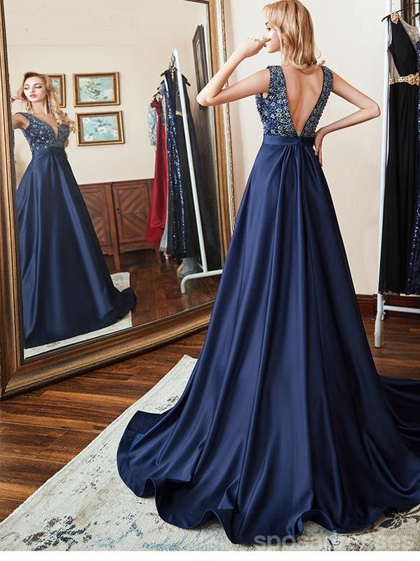 Sexy Blue A-line Straps V-neck Backless Cheap Long Party Prom Dresses Online,12554