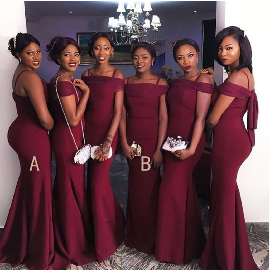 Sexy Mermaid Burgundy Off The Shoulder Cheap Bridesmaid Dresses Gown Online, WG1044
