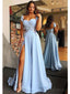 Cap Sleeves Side Slit Blue Sweetheart Long Evening Prom Dresses, 18382