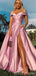 Pink A-line High Slit Off Shoulder Cheap Long Prom Dresses Online,Dance Dresses,12584