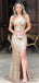 Gold Mermaid Off Shoulder Side Slit Cheap Long Prom Dresses Online,12593