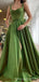 Green Straps A-line High Slit Party Prom Dresses, Cheap Dance Dresses,12539