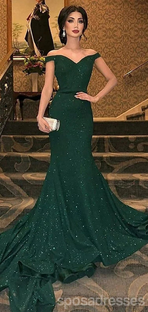 Green Mermaid Off Shoulder V-neck Party Prom Dresses, Cheap Prom Dresses 2022,12538