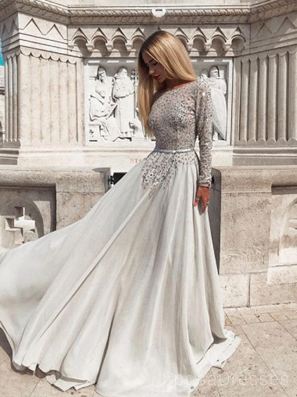 Long Sleeves Backless Grey Lace Beaded Cheap Evening Prom Dresses, 18478