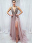 Grey Pink Beaded A-line Cheap Long Evening Prom Dresses, Evening Party Prom Dresses, 18623