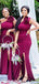 Sexy Mermaid Hot Pink One Shoulder High Slit Long Bridesmaid Dressing Gowns, WG1045