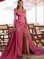 Hot Pink Mermaid Long Sleeves One Shoulder Cheap Prom Dresses Online,Dance Dresses,12579