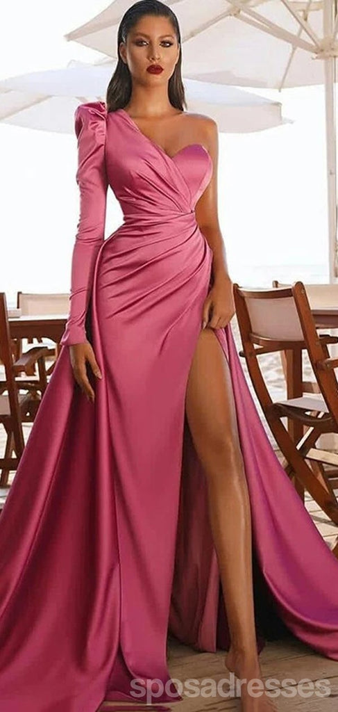 Hot Pink Mermaid Long Sleeves One Shoulder Cheap Prom Dresses Online,Dance Dresses,12579