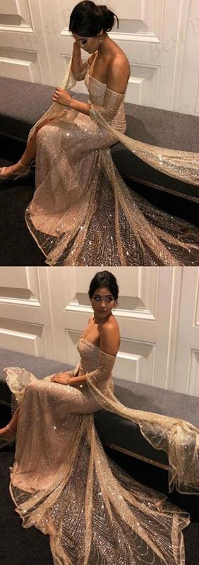 Sexy Mermaid Champagne Gold Long Sleeves Off Shoulder Prom Dresses Online,12586