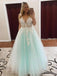 See Through V Neck Mint Lace Applique Long Evening Prom Dresses, Cheap Sweet 16 Dresses, 18424