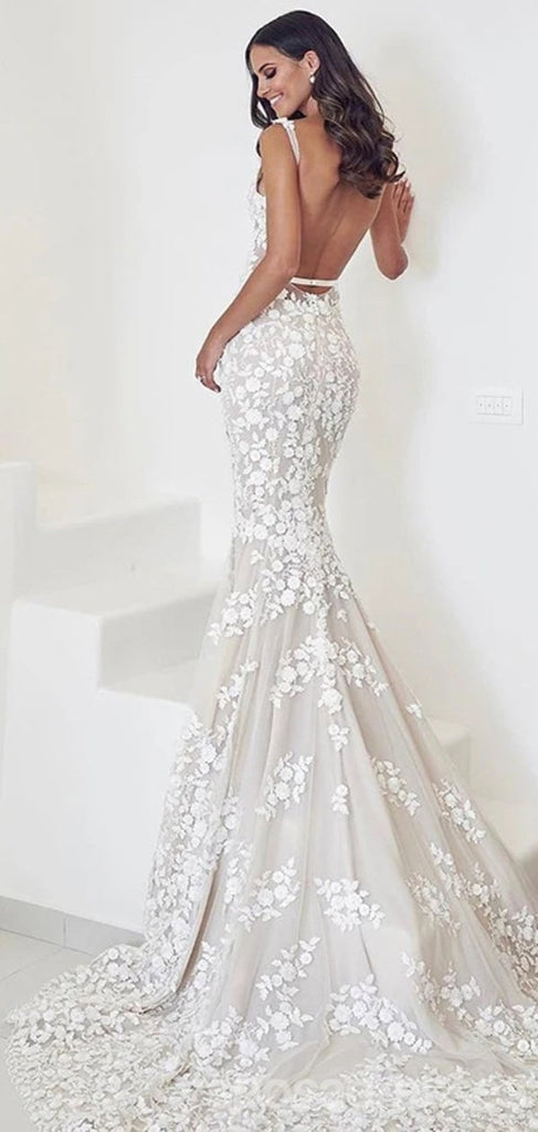 Long Mermaid Backless V-neck Spaghetti Straps Lace Wedding Dresses,WD745