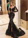 Sexy Mermaid Long Sleeves Black V-neck Long Party Prom Dresses, Cheap Dance Dresses,12543