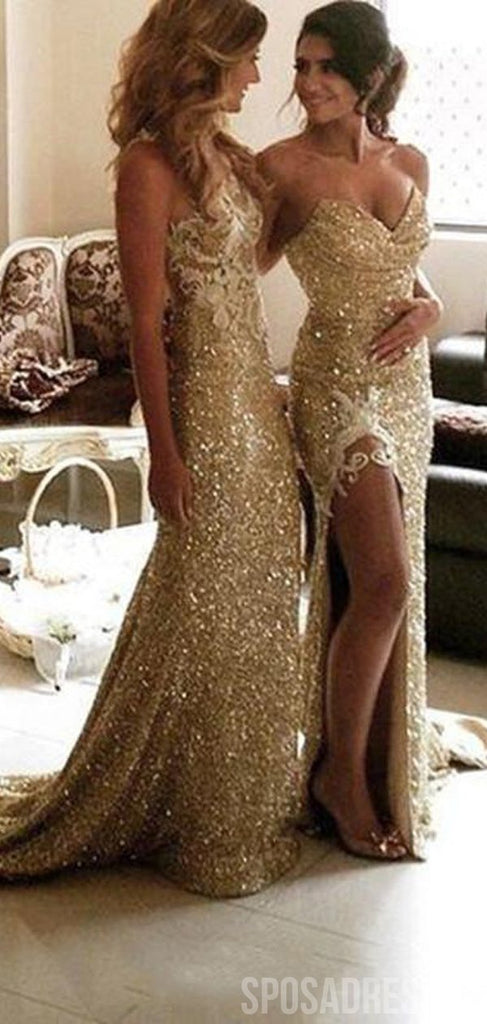 Mismatched Sexy mermaid Gold Side Slit Long Sequin Bridesmaid Dresses Gown Online, WG960