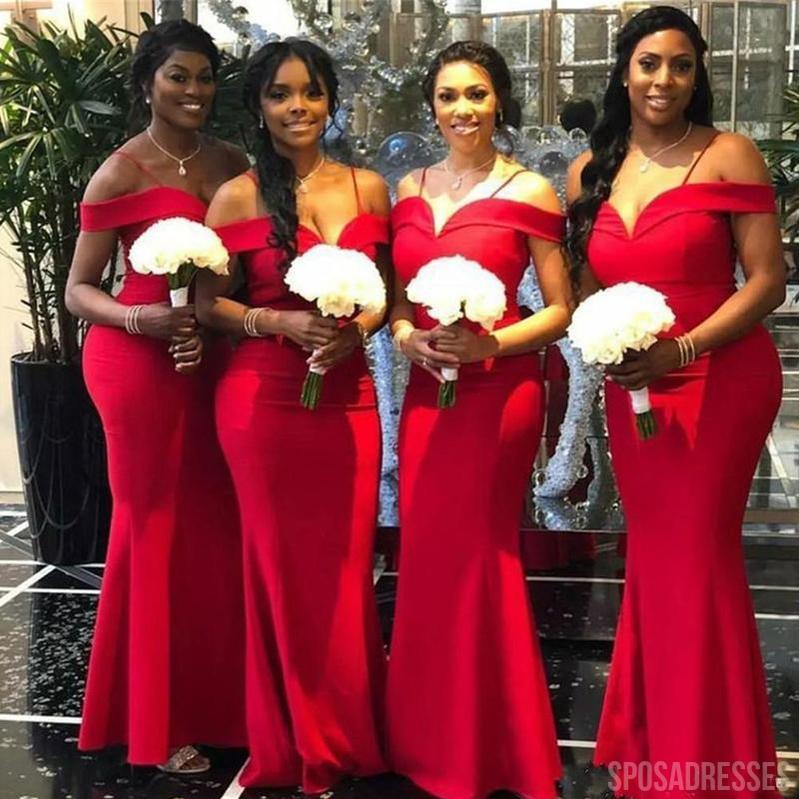 Red Mermaid Off The Shoulder Cheap Long Bridesmaid Dresses Online, WG848