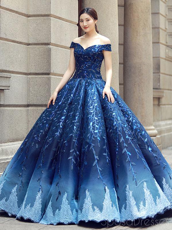 Off Shoulder Navy Blue Ball Gown Prom Dresses, Sweet 16 Dresses, Quinceanera Dresses, 12382