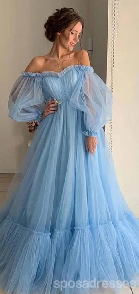 Blue Off The Shoulder Long Sleeves A-line Long Evening Party Prom Dresses, Prom Dresses Stores,12525