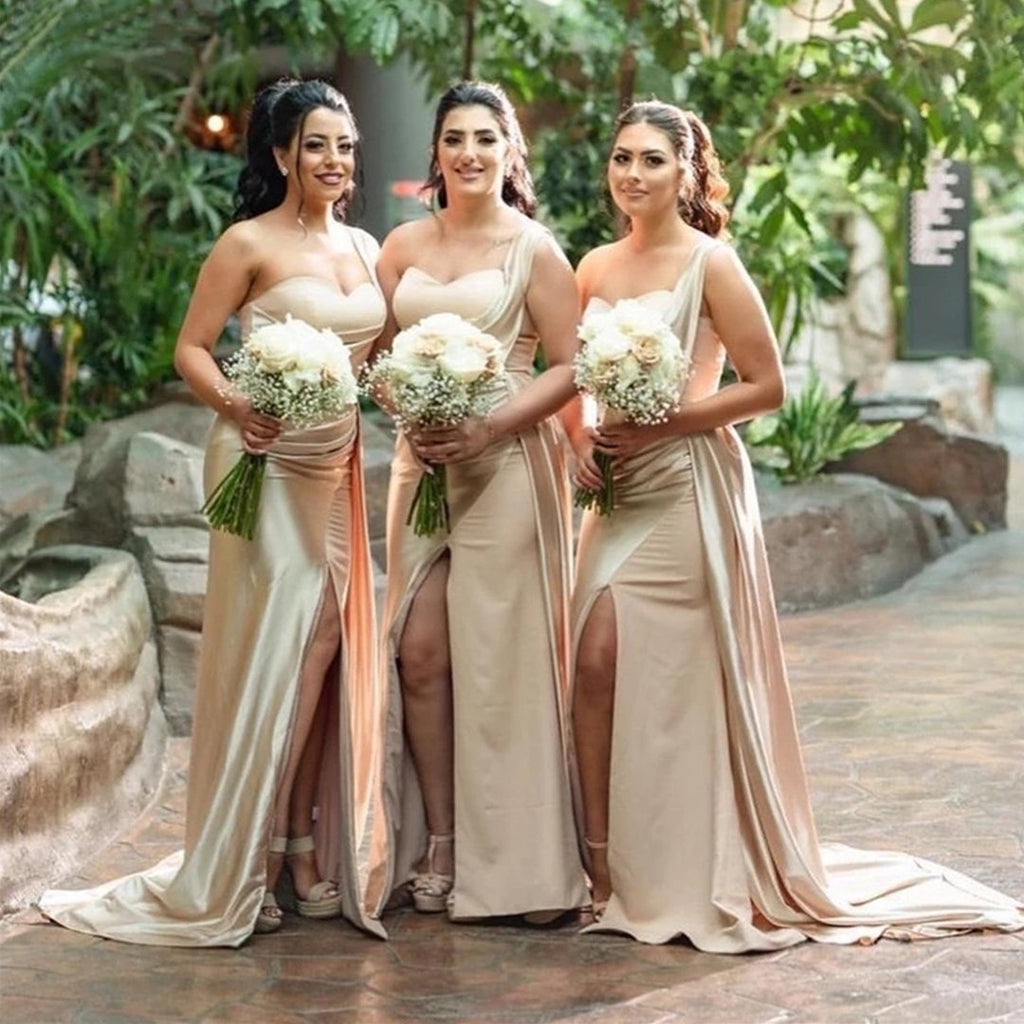 Sexy Mermaid Champagne One Shoulder High Slit Long Bridesmaid Dresses Gown Online,WG1111
