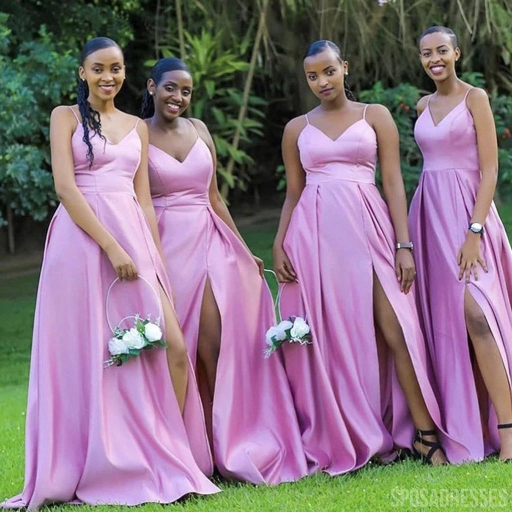 Spaghetti Straps V-neck A-line Pink High Slit Long Bridesmaid Dresses Gown Online, WG997