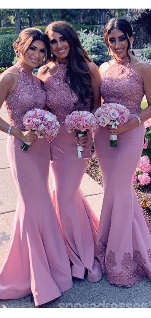 Pink Halter Mermaid Lace Applique Long Sleeveless Bridesmaid Dresses Online, WG1037