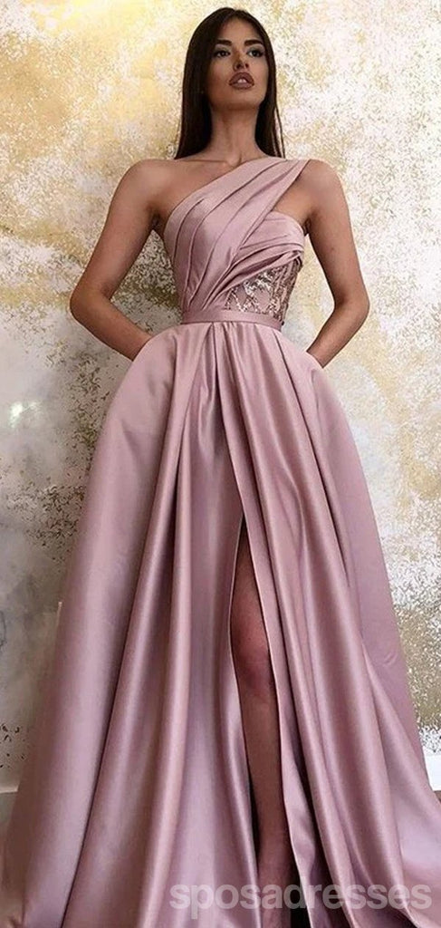 Pink A-line One Shoulder High Slit Long Party Prom Dresses, Dance Dresses,12549