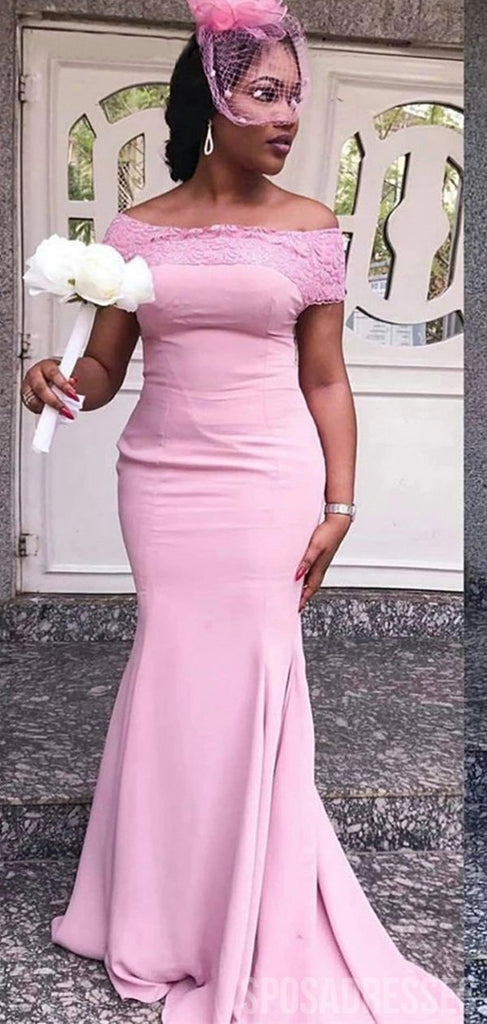 Bodycon Mermaid Pink Off the Shoulder Lace Applique Long Bridesmaid Dresses Gown Online, WG996