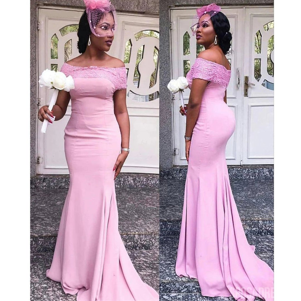 Bodycon Mermaid Pink Off the Shoulder Lace Applique Long Bridesmaid Dresses Gown Online, WG996