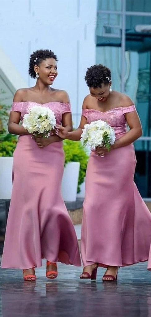 Sparkly Pink Off The Shoulder Sweetheart Cheap Long Bridesmaid Dresses Gown, WG1062
