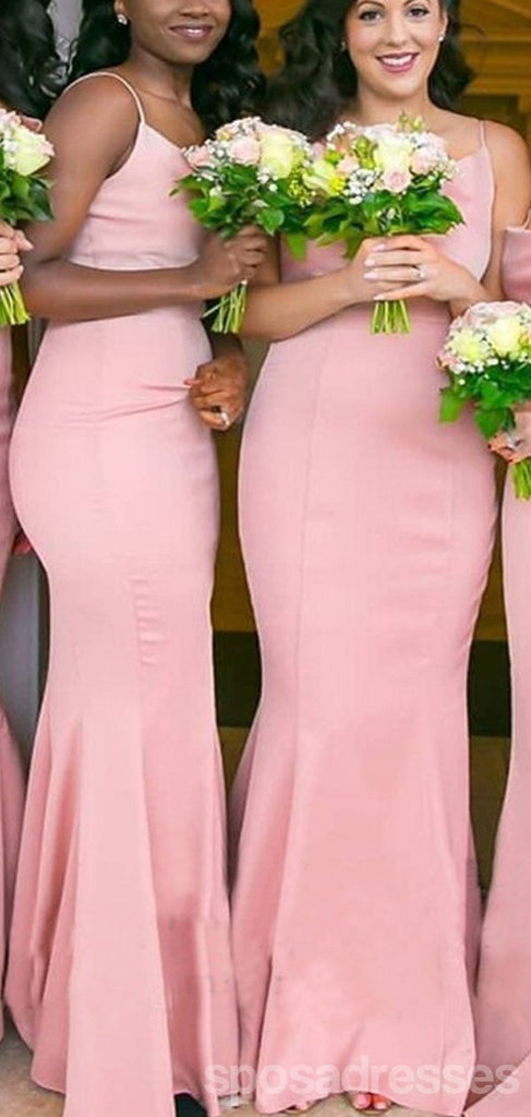 Sexy Mermaid Pink Spaghetti Straps Cheap Long Bridesmaid Gown Dresses,WG984