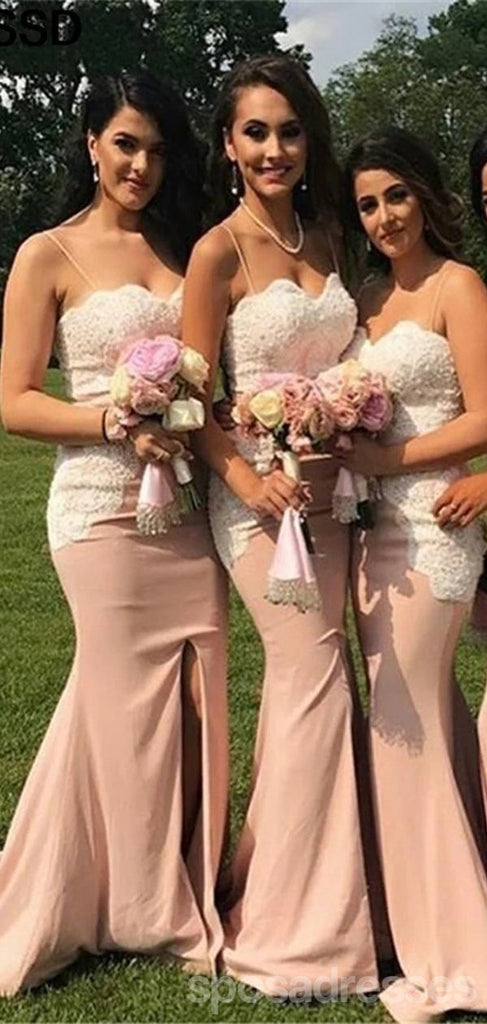 Floral Mermaid Spaghetti Straps High Slit Pink Long Bridesmaid Dresses Gown Online,WG1084