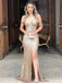 Gold Mermaid Off Shoulder Side Slit Cheap Long Prom Dresses Online,12593