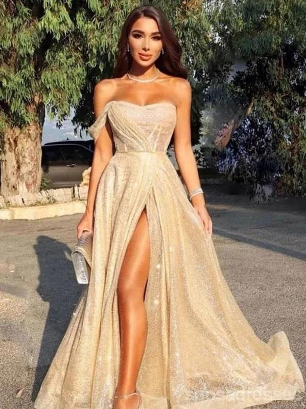 Sparkly A-line Gold One Shoulder High Slit Long Party Prom Dresses Online,12563