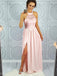 Halter Pink Lace Side Slit Long Evening Prom Dresses, 17672