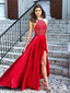 Bright Red Halter Side Slit Beaded Evening Prom Dresses, 18480