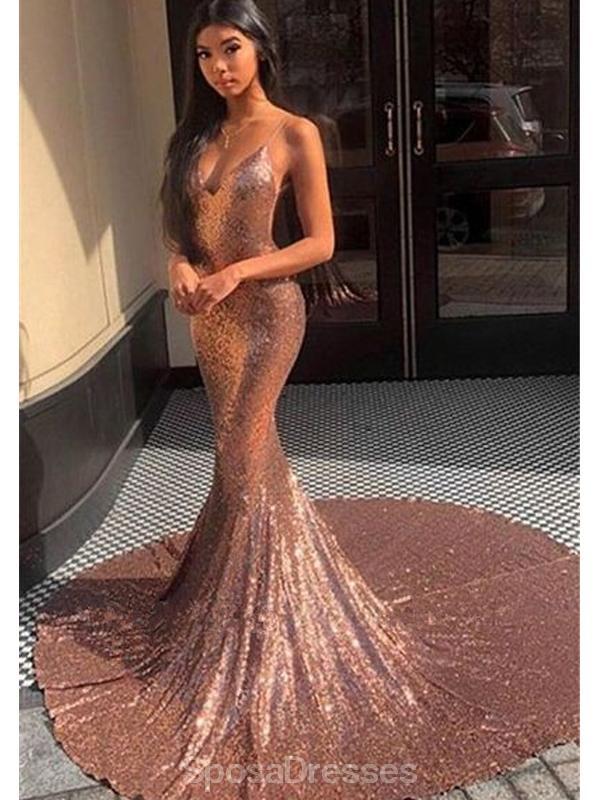 Spaghetti Straps Rose Gold Mermaid Evening Prom Dresses, Evening Party Prom Dresses, 12212