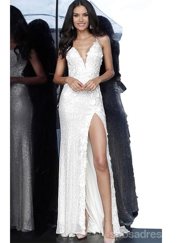 Simple White Mermaid Spaghetti Straps V-neck Side Slit Long Prom Dresses Online,12597