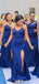 Mermaid Royal Blue Spaghetti Straps High Slit Long Bridesmaid Dresses Gown Online,WG1145