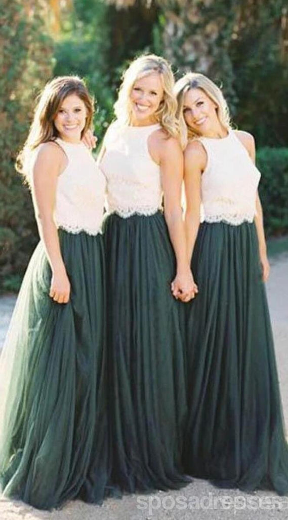 Lace Bodice Green Tulle A Line Custom Bridesmaid Dresses, BD122