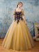 A-line Half Sleeves Gold Tulle Long Prom Dresses, Sweet 16 Prom Dresses, 12359
