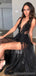 Black Straps V-neck High Slit See Through A-line Long Evening Party Prom Dresses, Dance Dresses 2021,12526